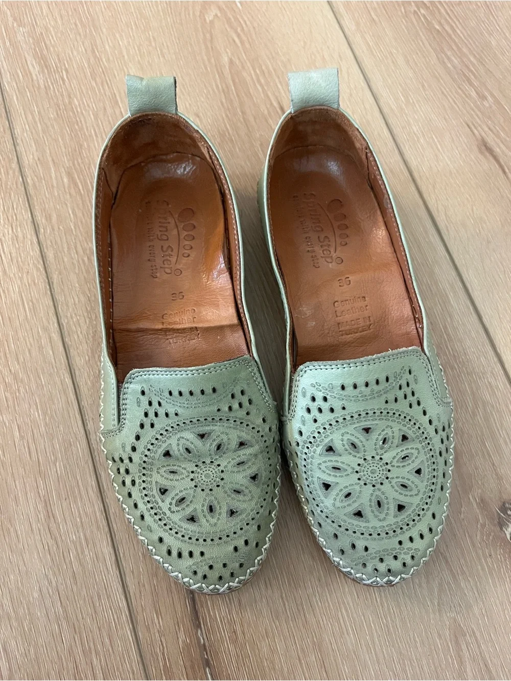 Spring Step Mint Green Perforated Leather Slip-On Loafers